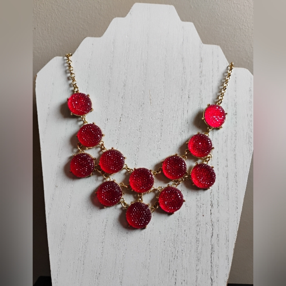 Beautiful Gold Tone Red Faux Druzy Statement Necklace | Holiday Necklace